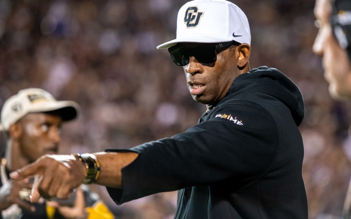 CU football head coach Deion Sanders comes out of the locker room for the Rocky Mountain Showdown on Sept. 16, 2023 at Folsom Field in Boulder, Colo