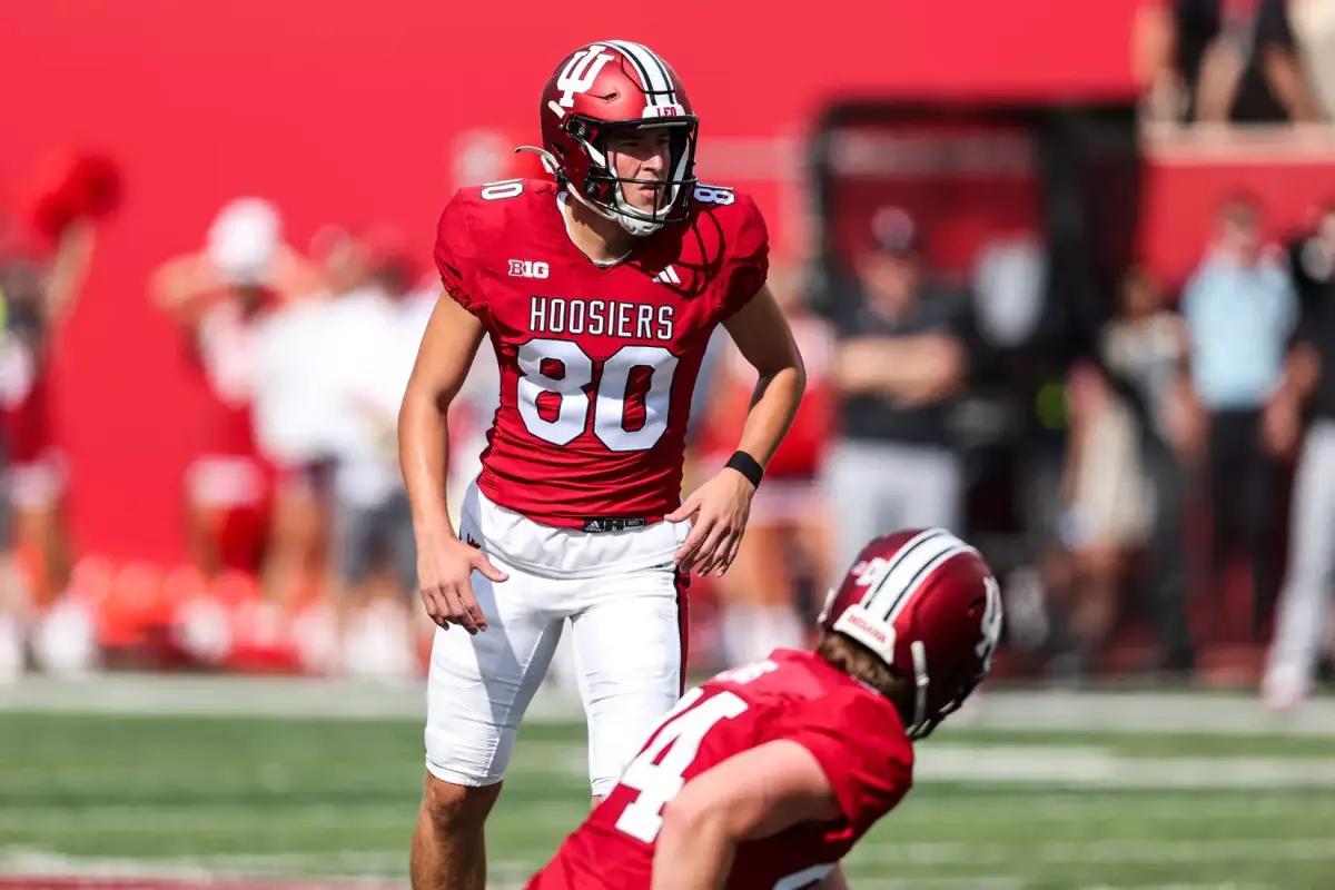 Indiana's Chris Freeman lines up for a field-goal attempt against Ohio State on Sept. 2, 2023 at Memorial Stadium in Bloomington, Ind.