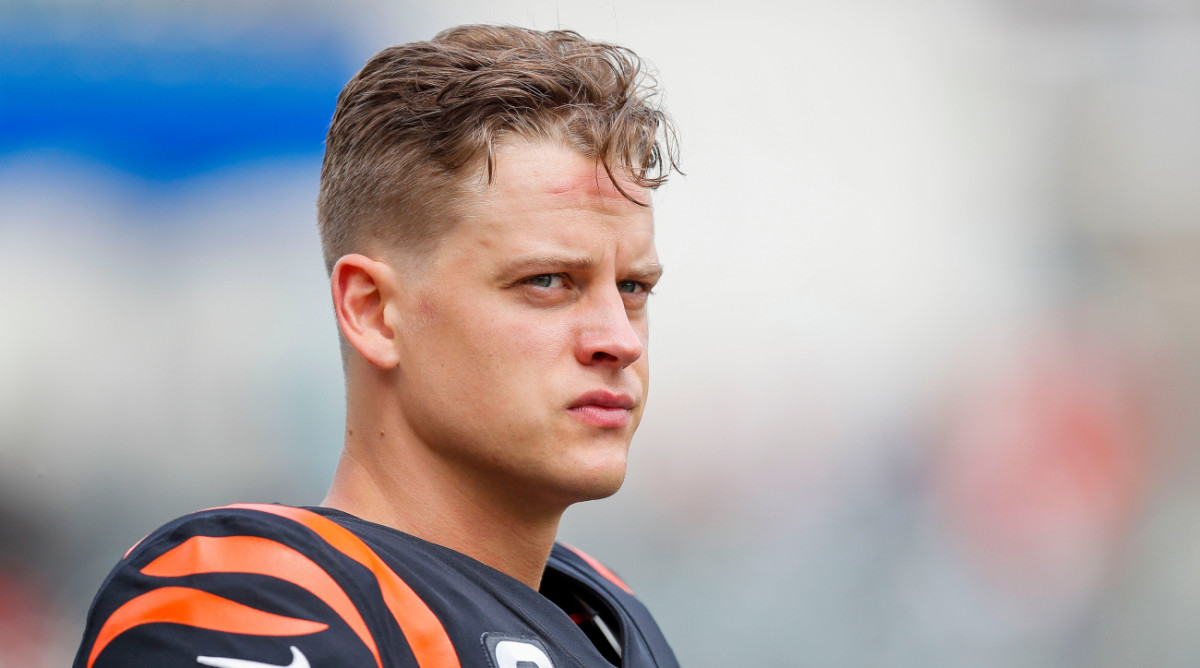 Bengals quarterback Joe Burrow looks on during warmups.