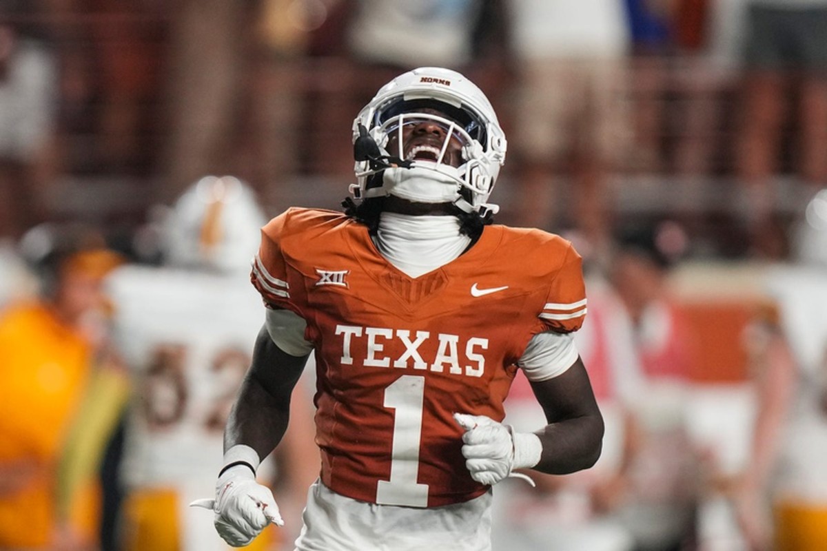 Texas Longhorns wide receiver Xavier Worthy (1) celebrates during the Texas Longhorns' game against the Wyoming Cowboys, Saturday, Sept. 16 at Darrell K Royal Texas Memorial Stadium in Austin.