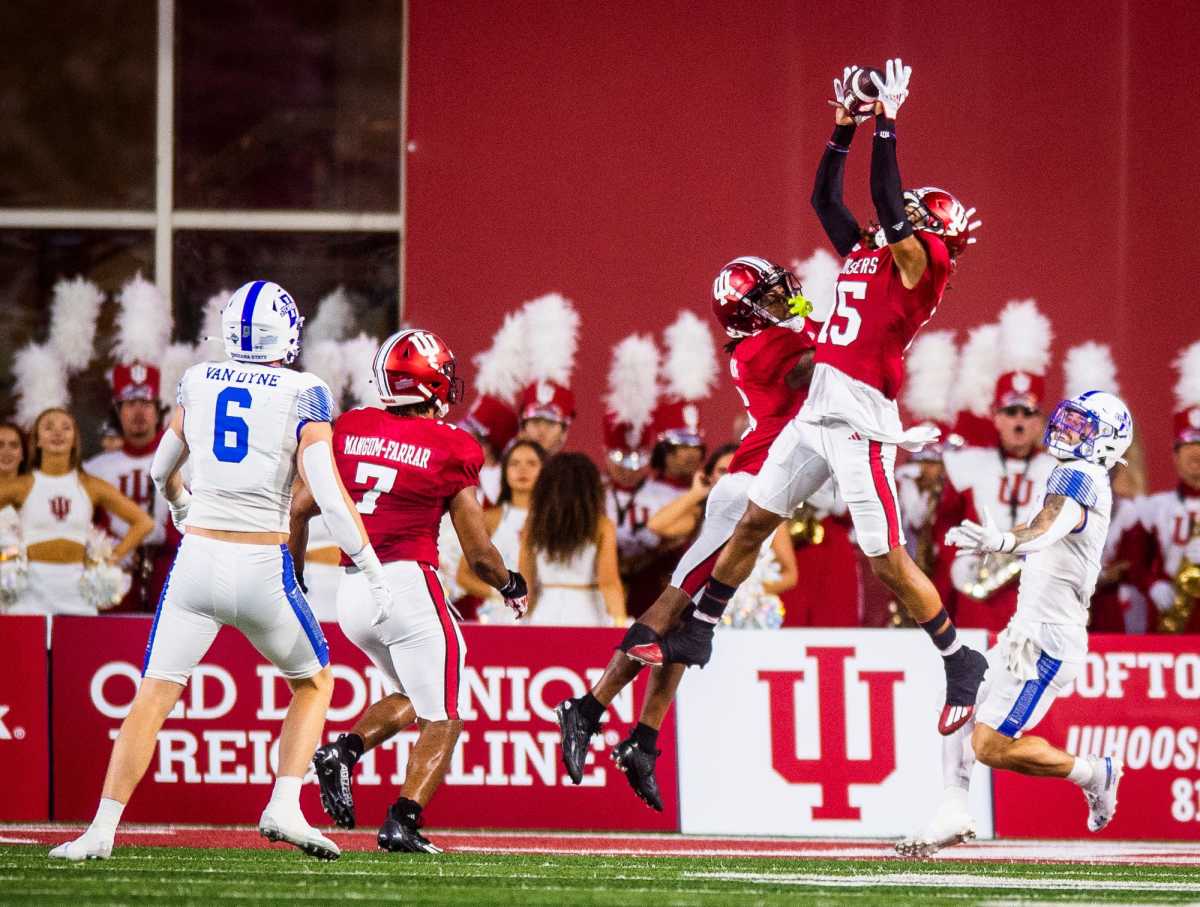 ndiana's Nic Toomer (15) makes the interception during the first half of the Indiana versus Indiana State football game at Memorial Stadium on Friday, Sept. 8, 2023.