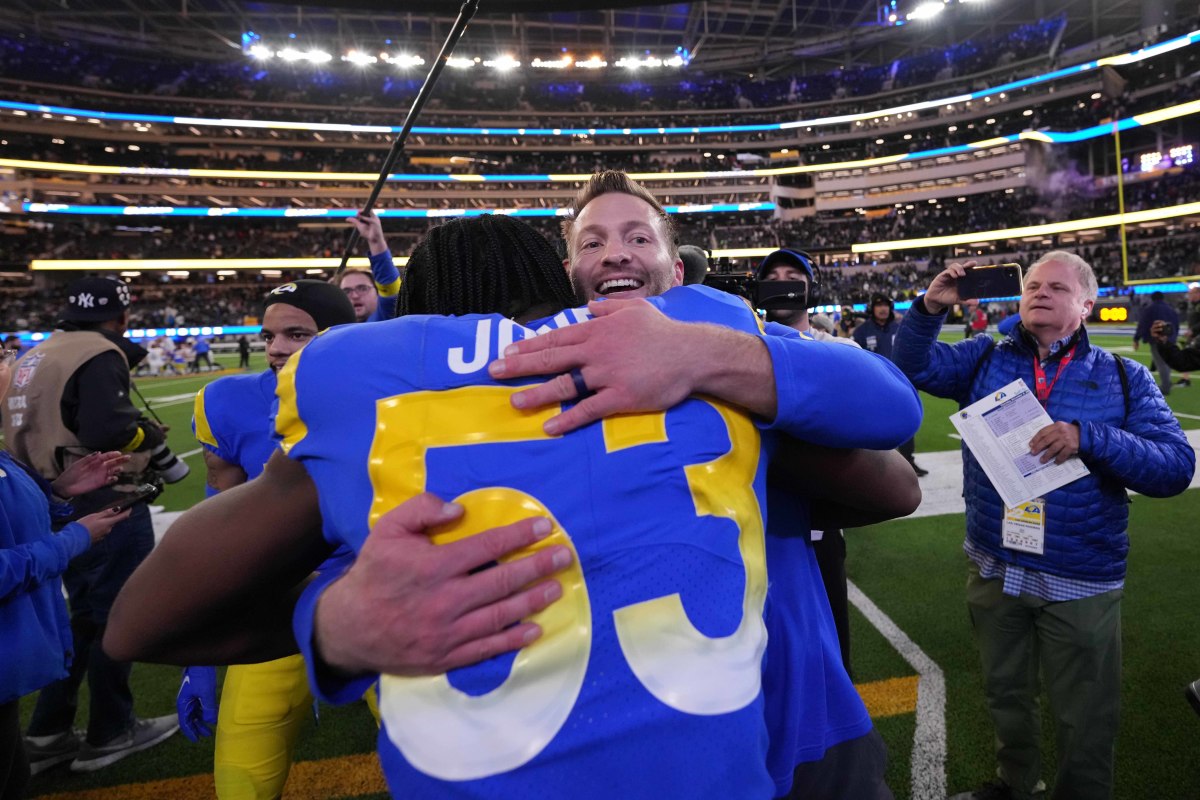 Dec 8, 2022; Inglewood, California, USA; Los Angeles Rams coach Sean McVay celebrates with linebacker Ernest Jones (53) after the game against the Las Vegas Raiders at SoFi Stadium. The Rams defeated the Raiders 17-16. Mandatory Credit: Kirby Lee-USA TODAY Sports