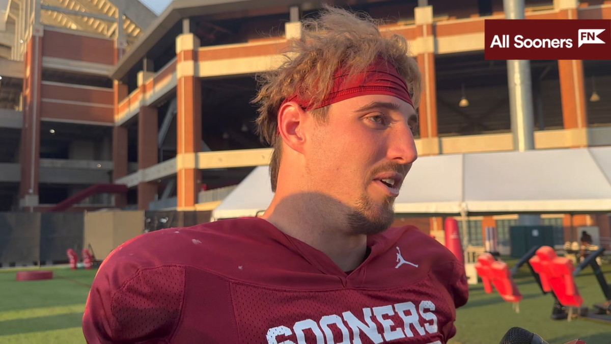 Oklahoma linebacker Danny Stutsman speaks with the media after practice Tuesday, Sept. 20.