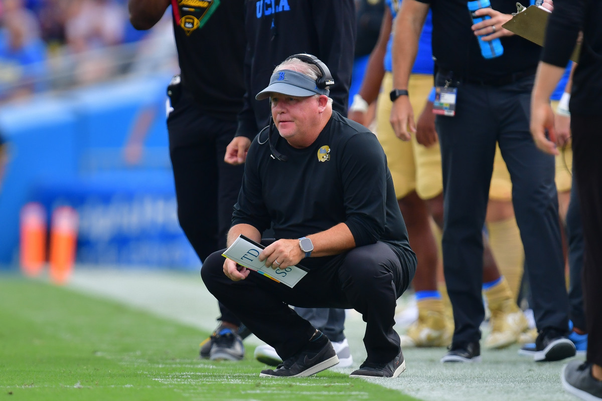 Sep 16, 2023; Pasadena, California, USA; UCLA Bruins head coach Chip Kelly watches game action against the North Carolina Central Eagles during the second half at Rose Bowl. Mandatory Credit: Gary A. Vasquez-USA TODAY Sports