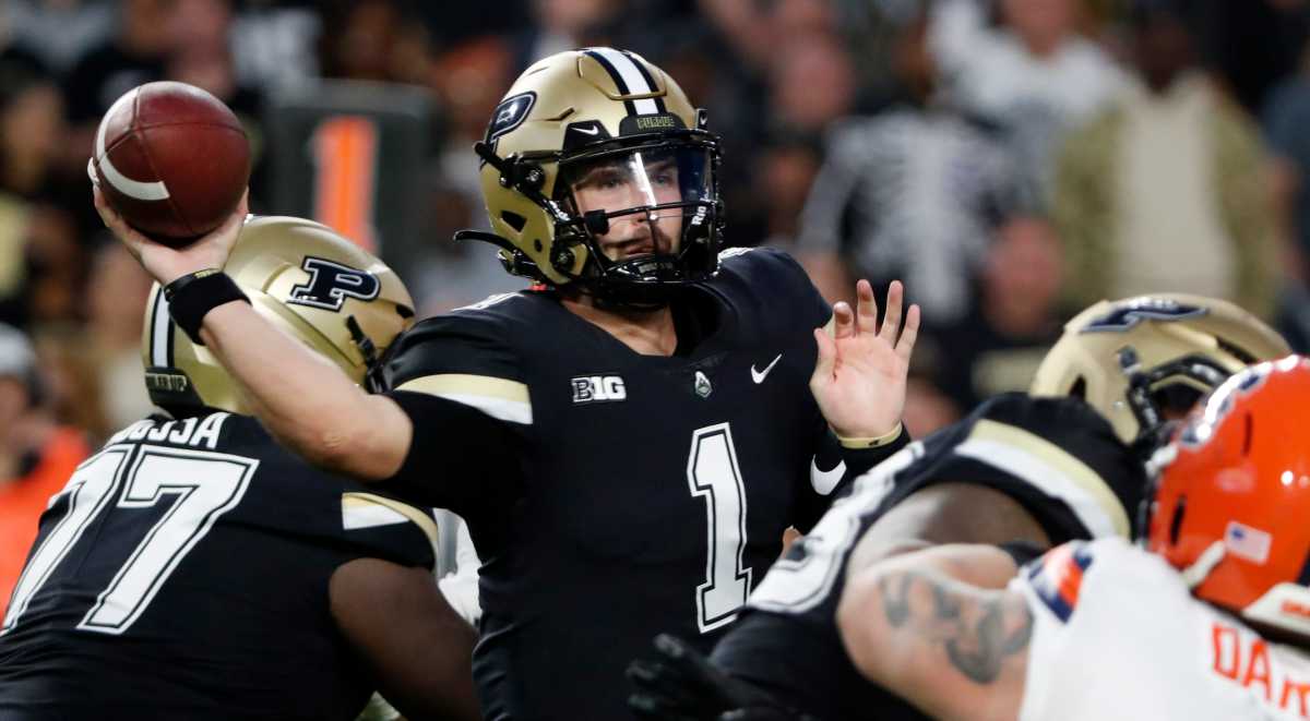 Purdue Boilermakers quarterback Hudson Card (1) passes the ball during the NCAA football game against the Syracuse Orange, Wednesday, July 12, 2023, at Ross-Ade Stadium in West Lafayette, Ind. Syracuse Orange won 35-20.