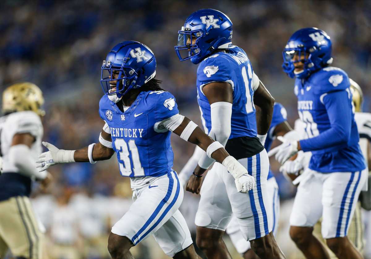 Kentucky Wildcats defensive back Maxwell Hairston (31) celebrates his tackle against Akron in Saturday's game at Kroger Field in Lexington. Hairston had seven tackles in the game. Sept. 16, 2023