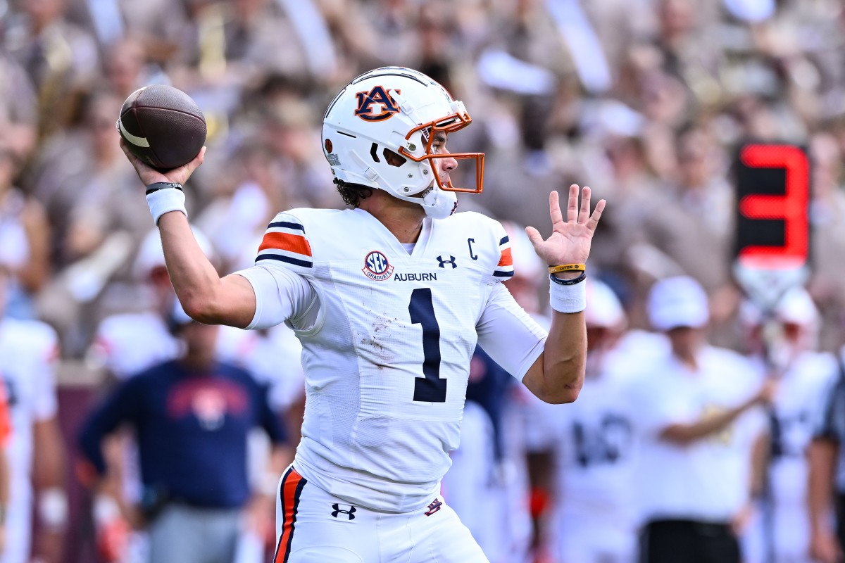 Sep 23, 2023; College Station, Texas, USA; Auburn Tigers quarterback Payton Thorne (1) looks to throw the ball during the first quarter against the Texas A&M Aggies at Kyle Field. Mandatory Credit: Maria Lysaker-USA TODAY Sports  