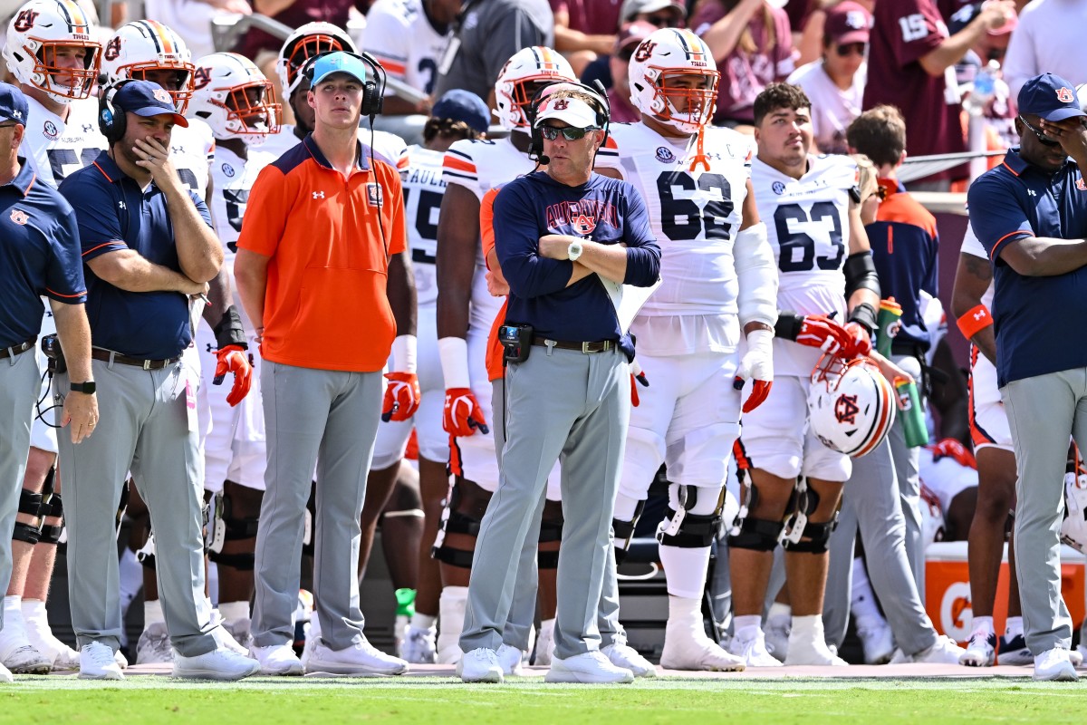 Sep 23, 2023; College Station, Texas, USA; Auburn Tigers head coach Hugh Freeze looks on during the first quarter against the Texas A&M Aggies at Kyle Field. Mandatory Credit: Maria Lysaker-USA TODAY Sports  