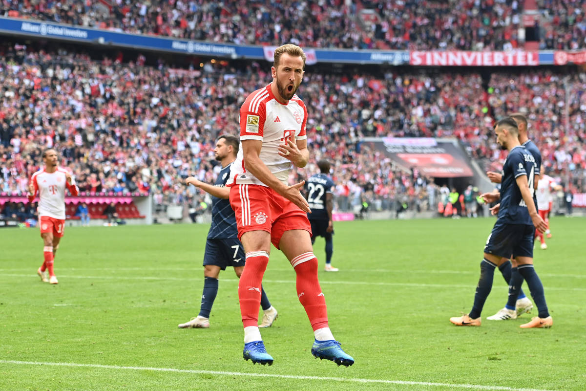 Harry Kane pictured celebrating one of his three goals during Bayern Munich's 7-0 win over Bochum in September 2023