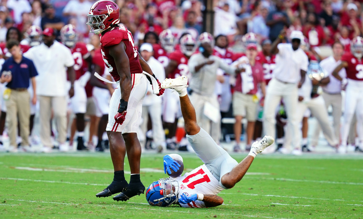 Alabama Crimson Tide linebacker Dallas Turner (15) reacts after tackling Mississippi Rebels wide receiver Jordan Watkins (11) for a loss during the fourth quarter at Bryant-Denny Stadium