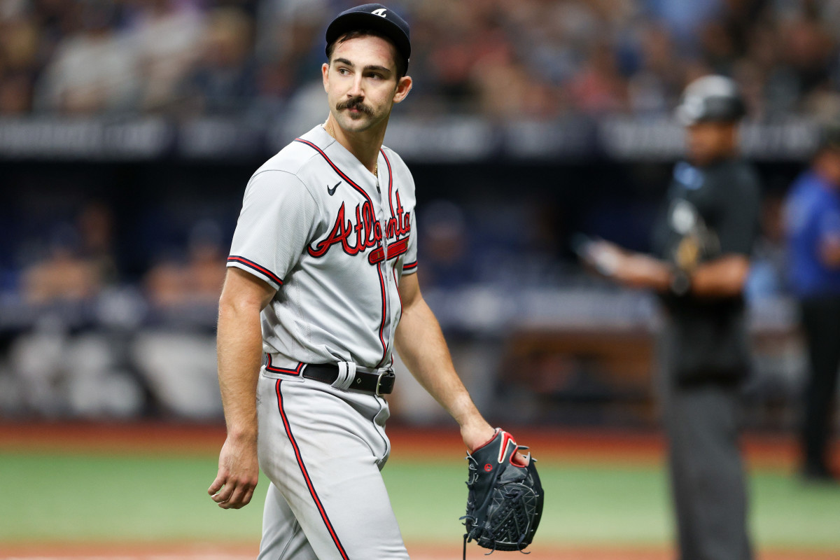Jul 8, 2023; St. Petersburg, Florida, USA; Atlanta Braves starting pitcher Spencer Strider (99) leaves the game against the Tampa Bay Rays in the seventh inning at Tropicana Field.