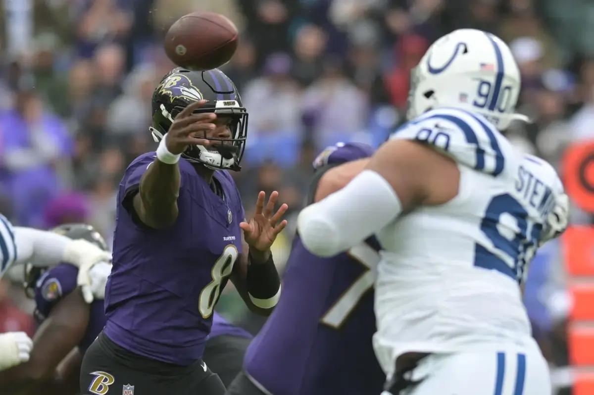 August 20, 2018: Baltimore Ravens quarterback Lamar Jackson (8) passes the  ball during NFL football preseason game action between the Baltimore Ravens  and the Indianapolis Colts at Lucas Oil Stadium in Indianapolis