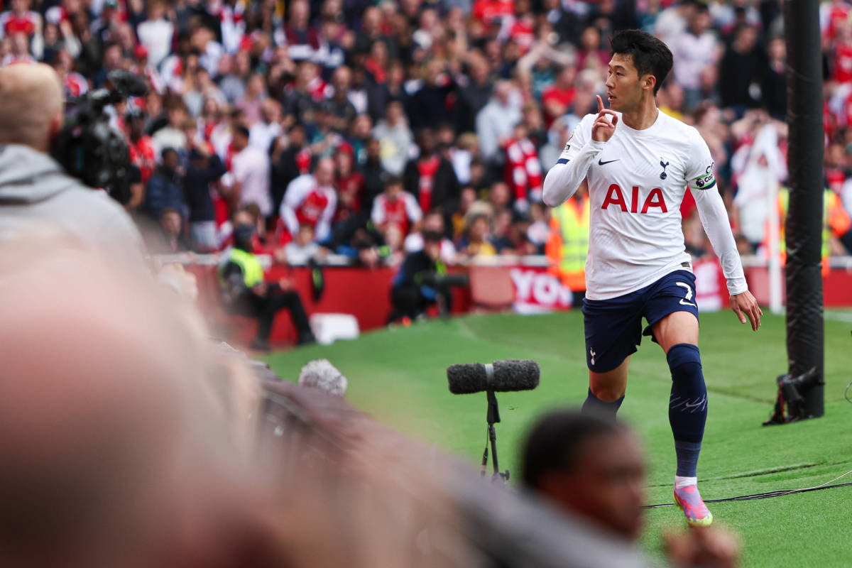 Son Heung-min pictured celebrating a goal for Tottenham Hotspur during a 2-2 draw at Arsenal in September 2023