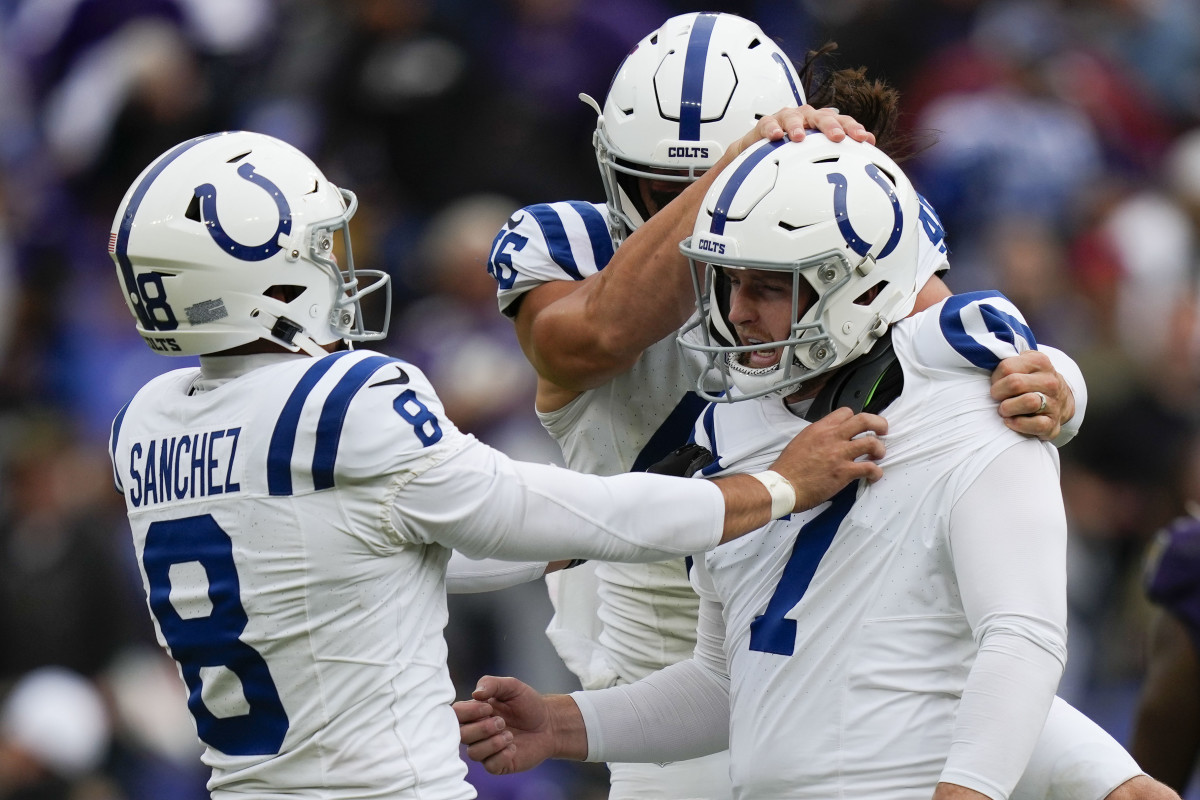 Sep 24, 2023; Baltimore, Maryland, USA; Indianapolis Colts place kicker Matt Gay (7), Indianapolis Colts punter Rigoberto Sanchez (8), and Indianapolis Colts long snapper Luke Rhodes (46) react after Gay kicks a game winning field goal in overtime over the Baltimore Ravens at M&T Bank Stadium. Mandatory Credit: Brent Skeen-USA TODAY Sports