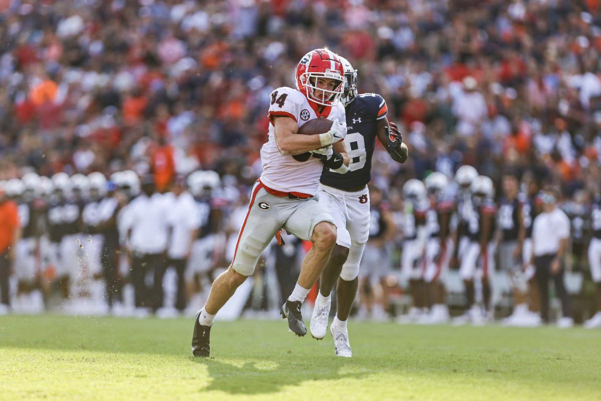 Georgia wide receiver Ladd McConkey during the Bulldogs’ game against Auburn at Jordan-Hare Stadium in Auburn, Ala., on Saturday, Oct. 9, 2021. (Photo by Tony Walsh)