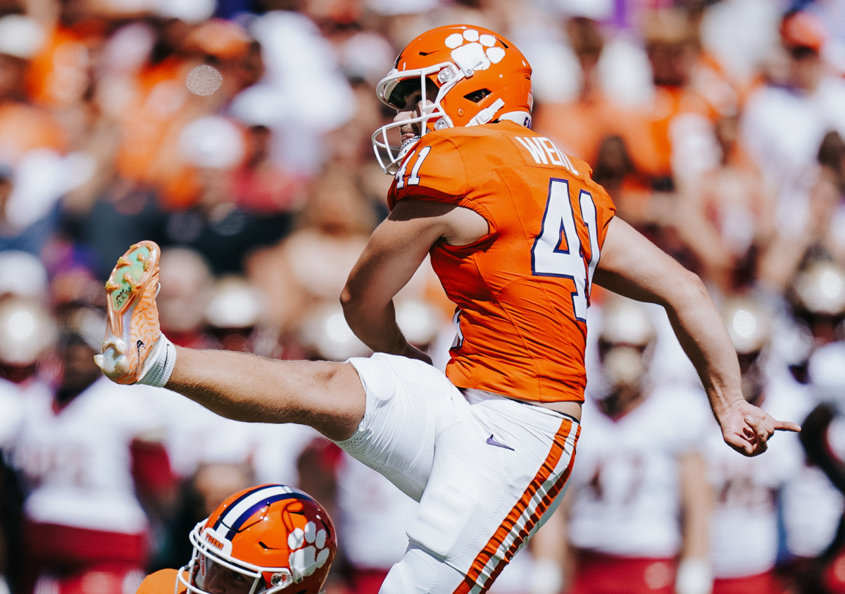 Jonathan Weitz attempts a field goal for Clemson against Florida State. (Clemson Athletics)