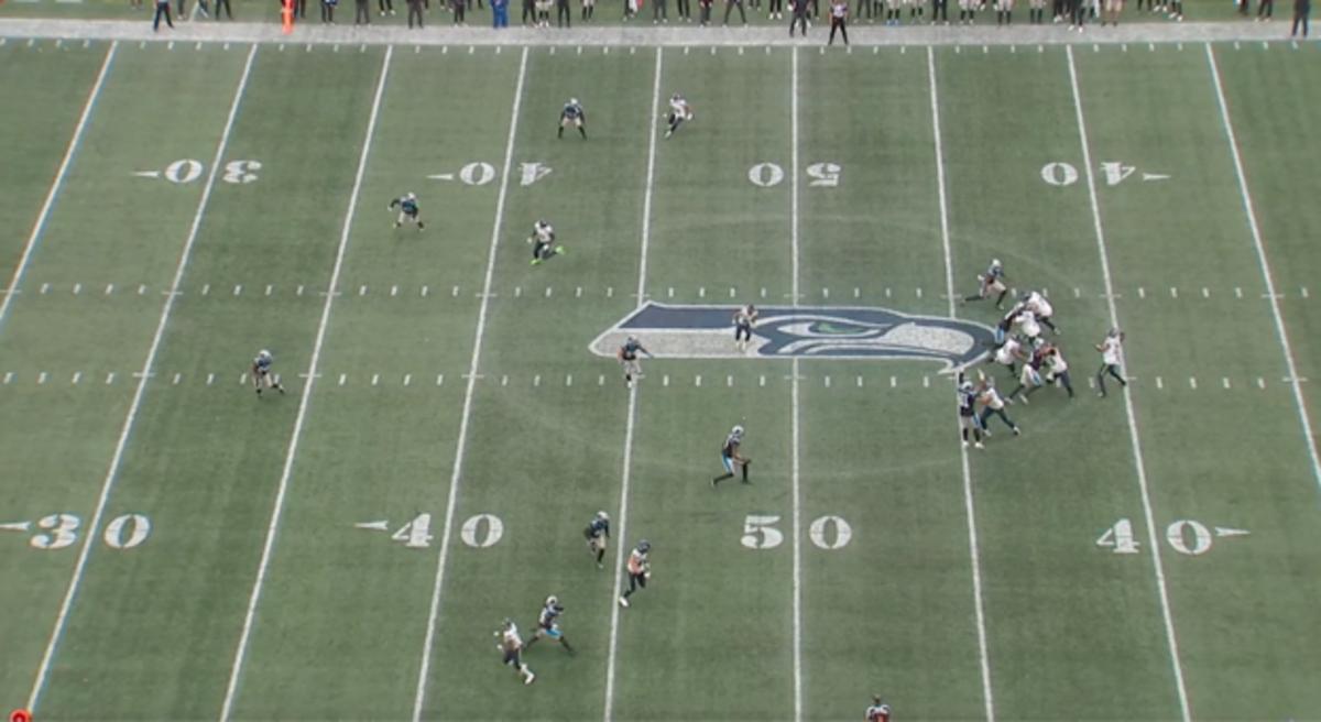 An all-22 screenshot from a Seahawks pass against the Panther