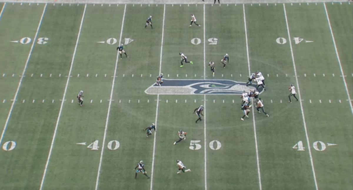 An all-22 screenshot from a Seahawks pass against the Panthers