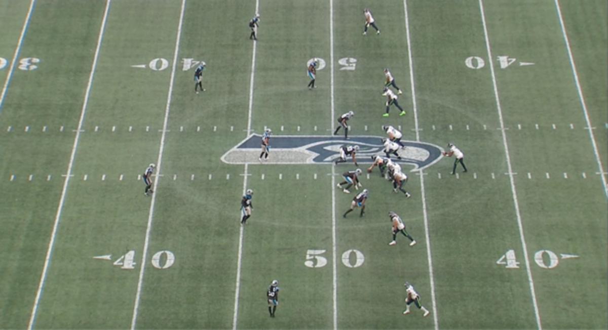 An all-22 screenshot from a Seahawks pass against the Panthers