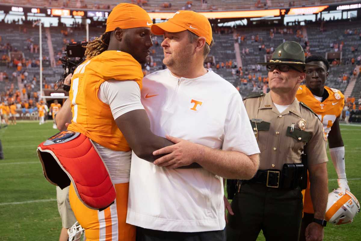 Tennessee Volunteers QB Joe Milton with HC Josh Heupel after a win over UTSA. (Photo by Saul Young of the News Sentinel)