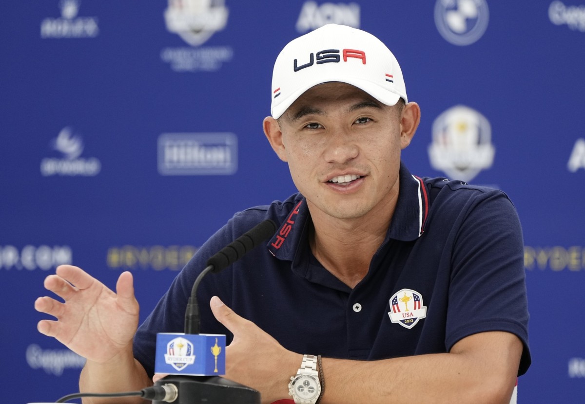 Collin Morikawa talks to reporters at the Ryder Cup