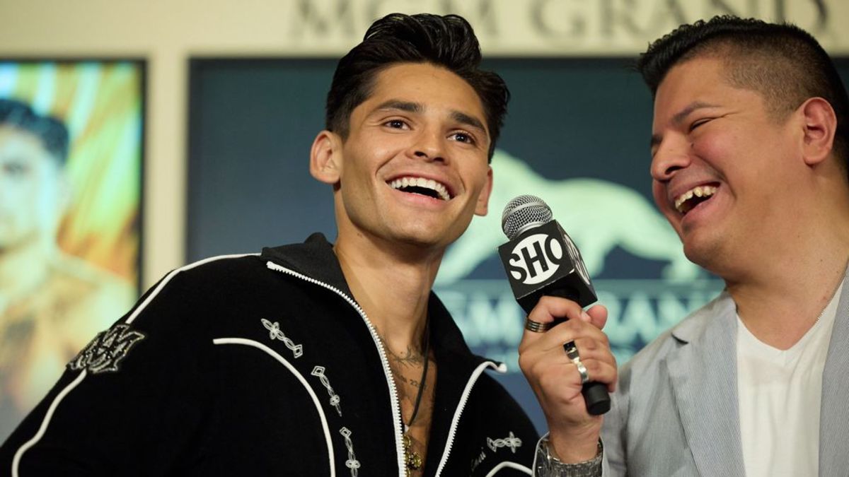 Boxer Ryan Garcia speaks to the media during a media event in Las Vegas, NV on April 19. to promote his upcoming fight with Gervonta Davis. Esther Lin/SHOWTIME®