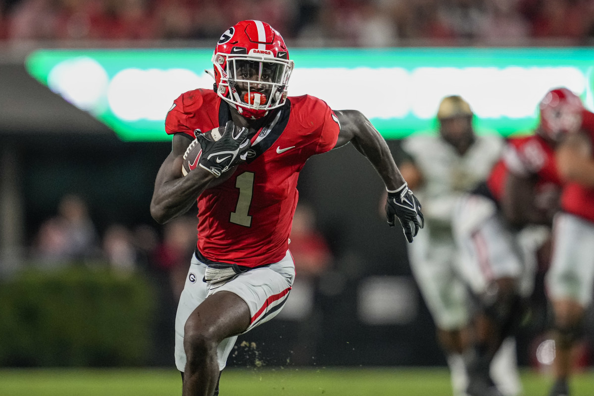 Sep 23, 2023; Athens, Georgia, USA; Georgia Bulldogs wide receiver Marcus Rosemy-Jacksaint (1) runs after a catch against the UAB Blazers during the second half at Sanford Stadium. Mandatory Credit: Dale Zanine-USA TODAY Sports  