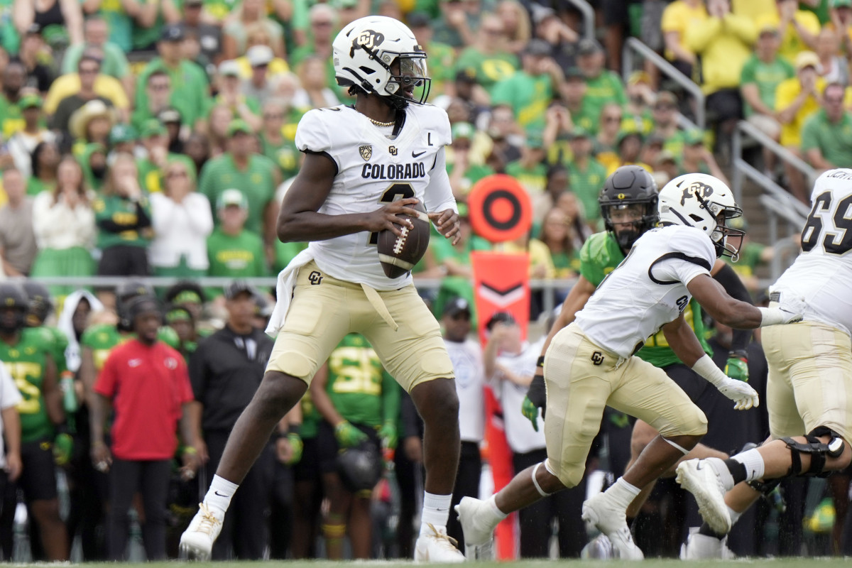 Colorado Buffaloes quarterback Shedeur Sanders (2) looks to throw during the second half against the Oregon Ducks at Autzen Stadium