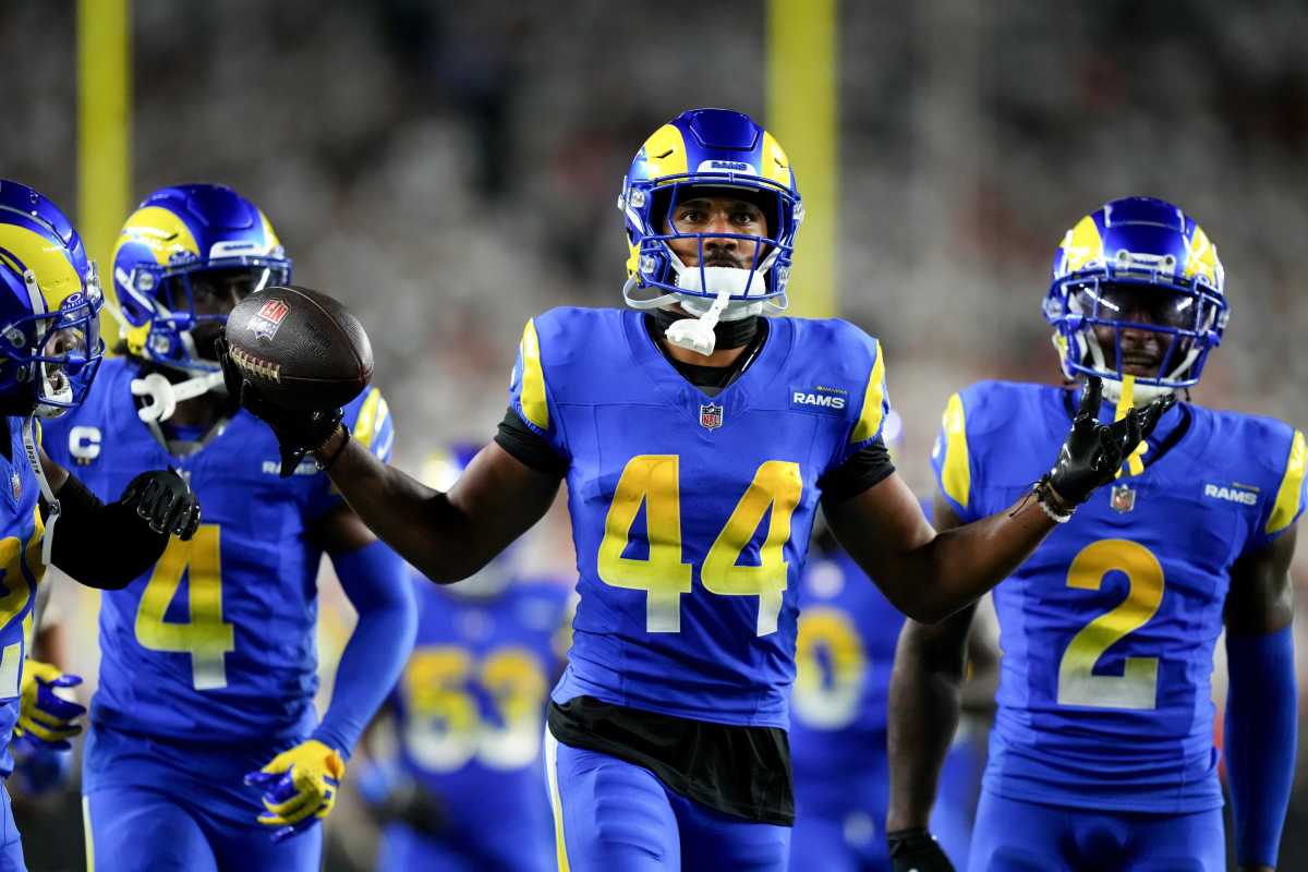 Los Angeles Rams cornerback Ahkello Witherspoon (44) celebrates an interception in the fourth quarter during a Week 3 NFL football game between the Los Angeles Rams and the Cincinnati Bengals, Monday, Sept. 25, 2023, at Paycor Stadium in Cincinnati. The Cincinnati Bengals won, 19-16.