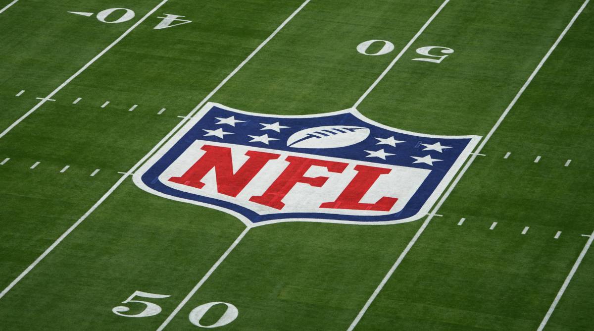 An NFL logo painted on a field before the Super Bowl.