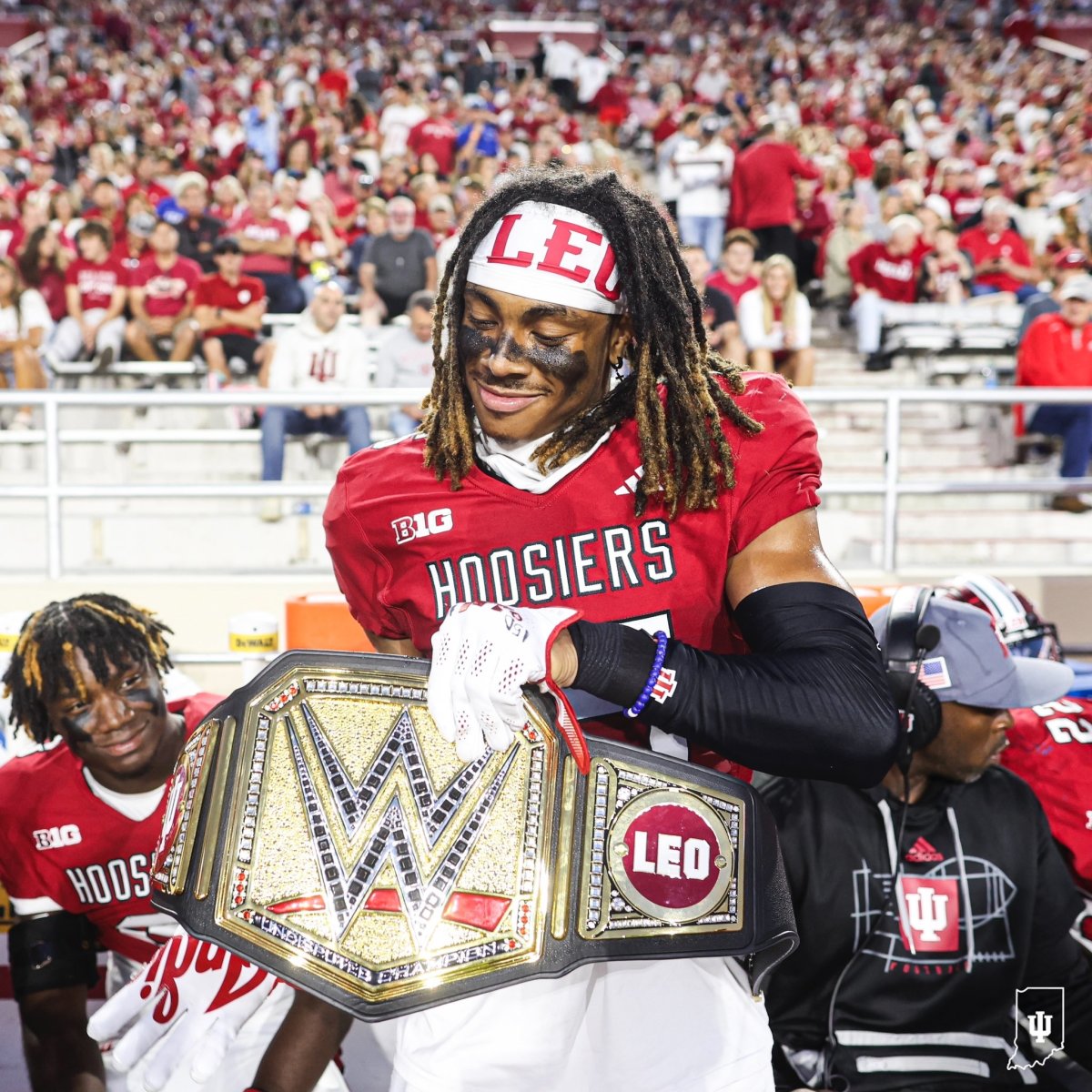 Indiana cornerback Nic Toomer poses with the WWE takeaway belt after his interception against Indiana State. 