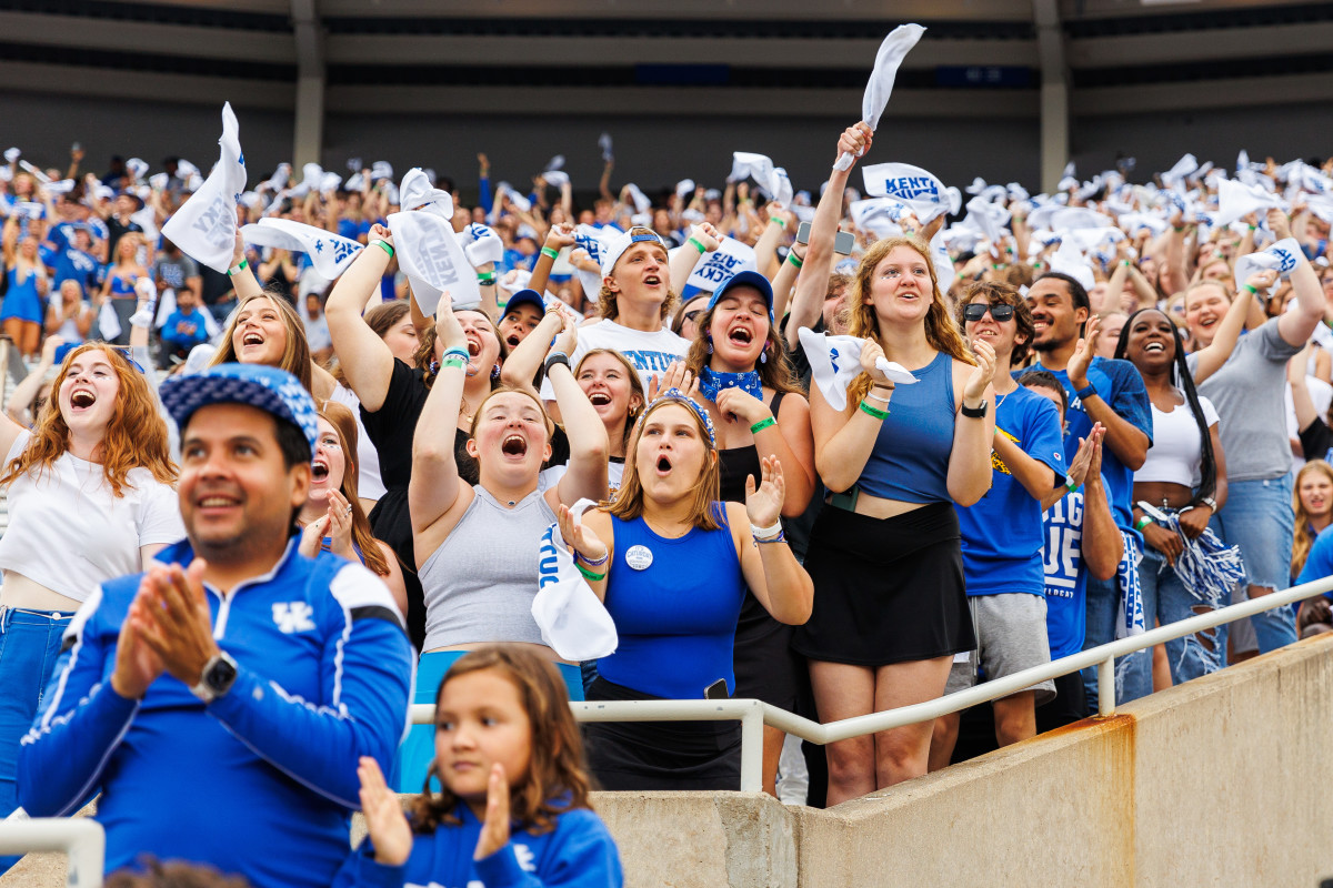 Sep 9, 2023; Lexington, Kentucky, USA; Kentucky Wildcats fans cheer after a touchdown during the second quarter against the Eastern Kentucky Colonels at Kroger Field. Mandatory Credit: Jordan Prather-USA TODAY Sports