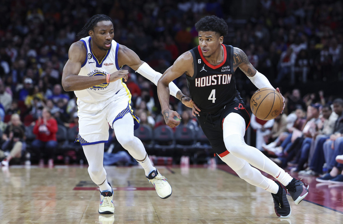 Jalen Green of the Houston Rockets dribbles the ball during the