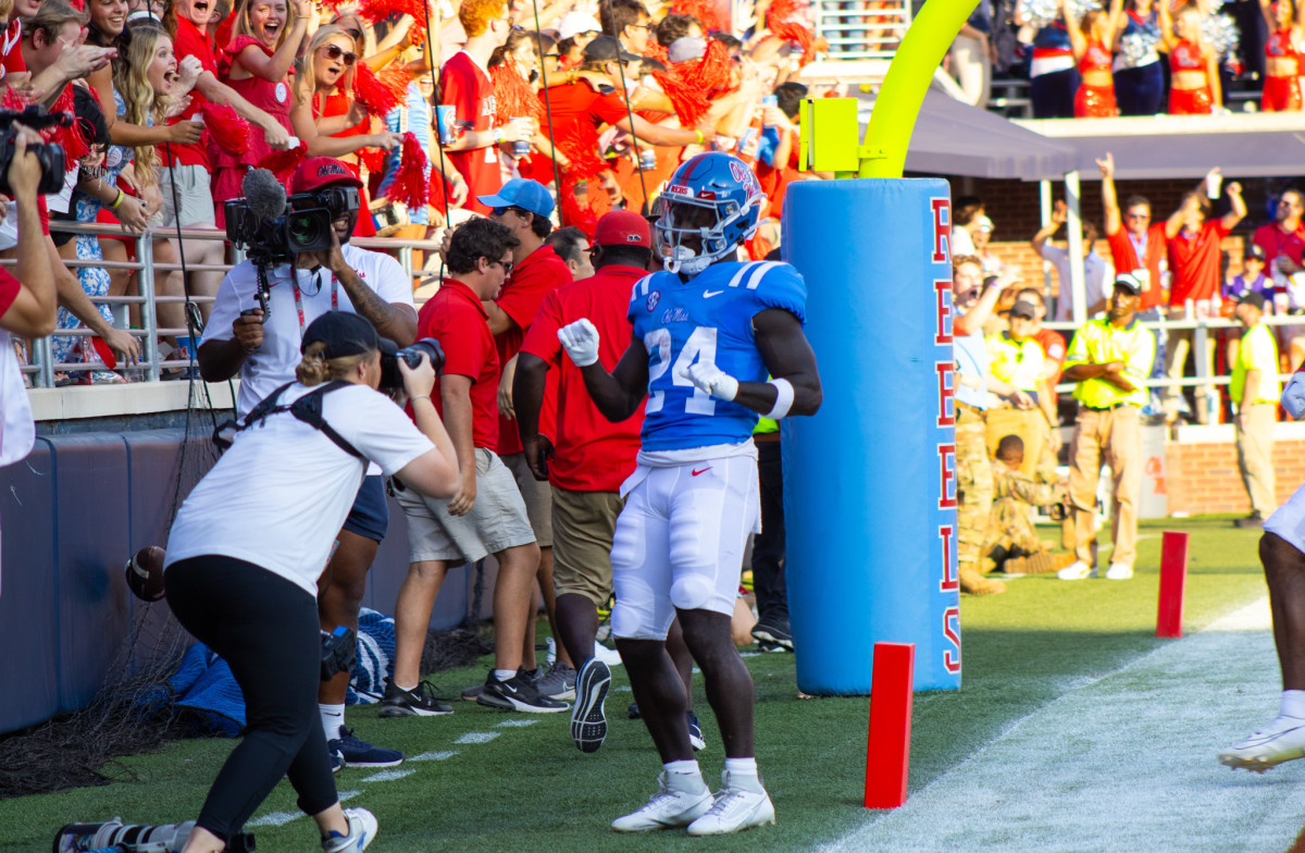 Ole Miss running back Ulysses Bentley celebrates in the endzone against the LSU Tigers (2023).