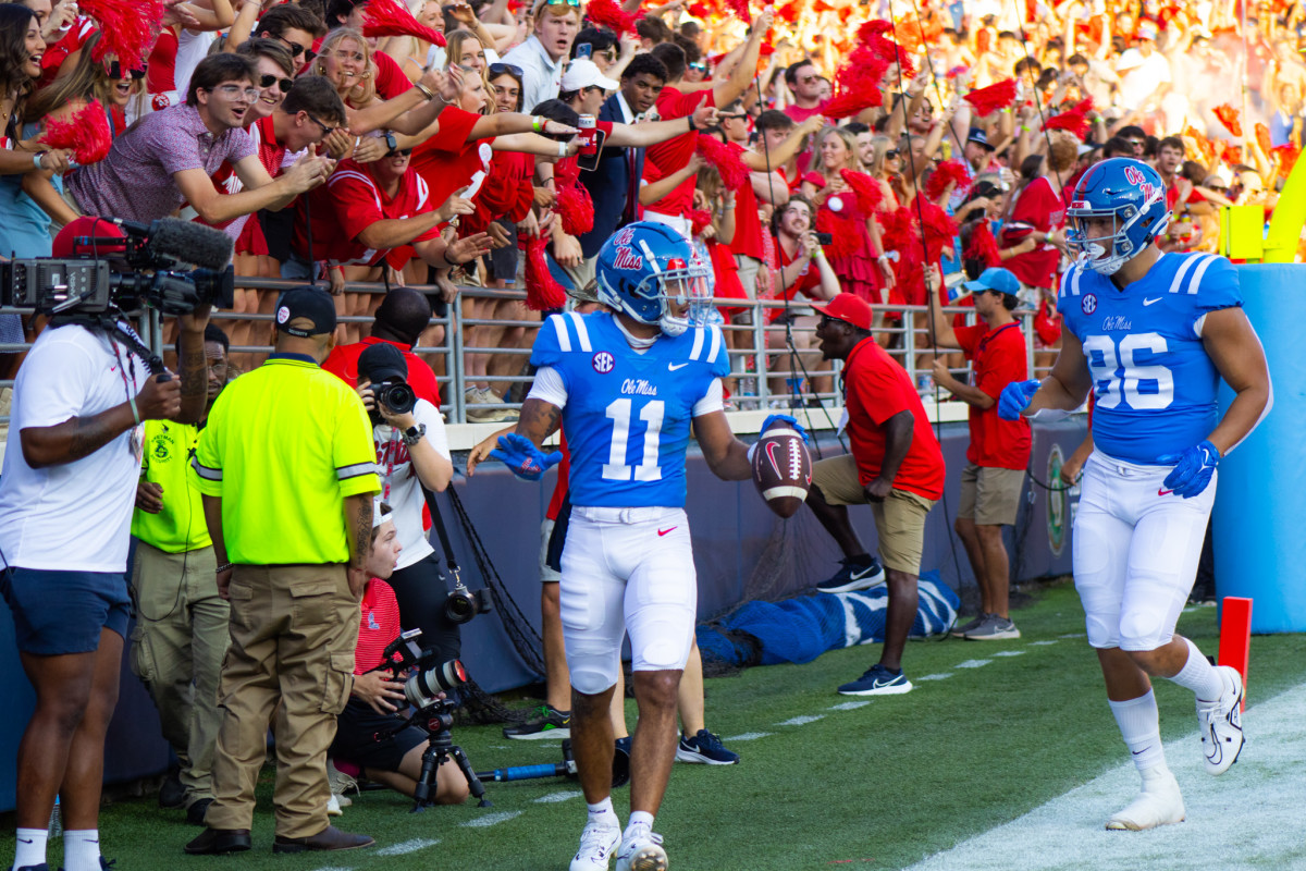 Ole Miss Rebels WR Jordan Watkins finds the endzone versus the LSU Tigers in Week 5 (2023).