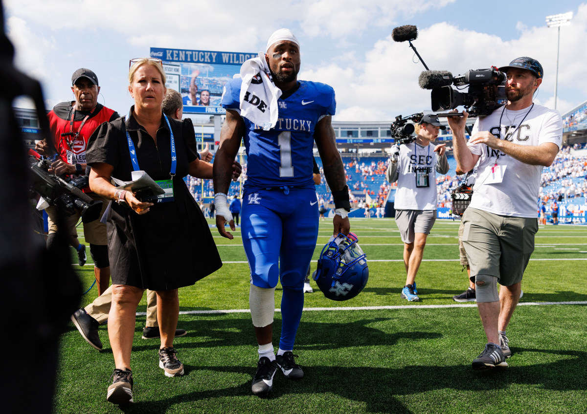 Sep 30, 2023; Lexington, Kentucky, USA; Kentucky Wildcats running back Ray Davis (1) walks off the field after the game against the Florida Gators at Kroger Field. Mandatory Credit: Jordan Prather-USA TODAY Sports