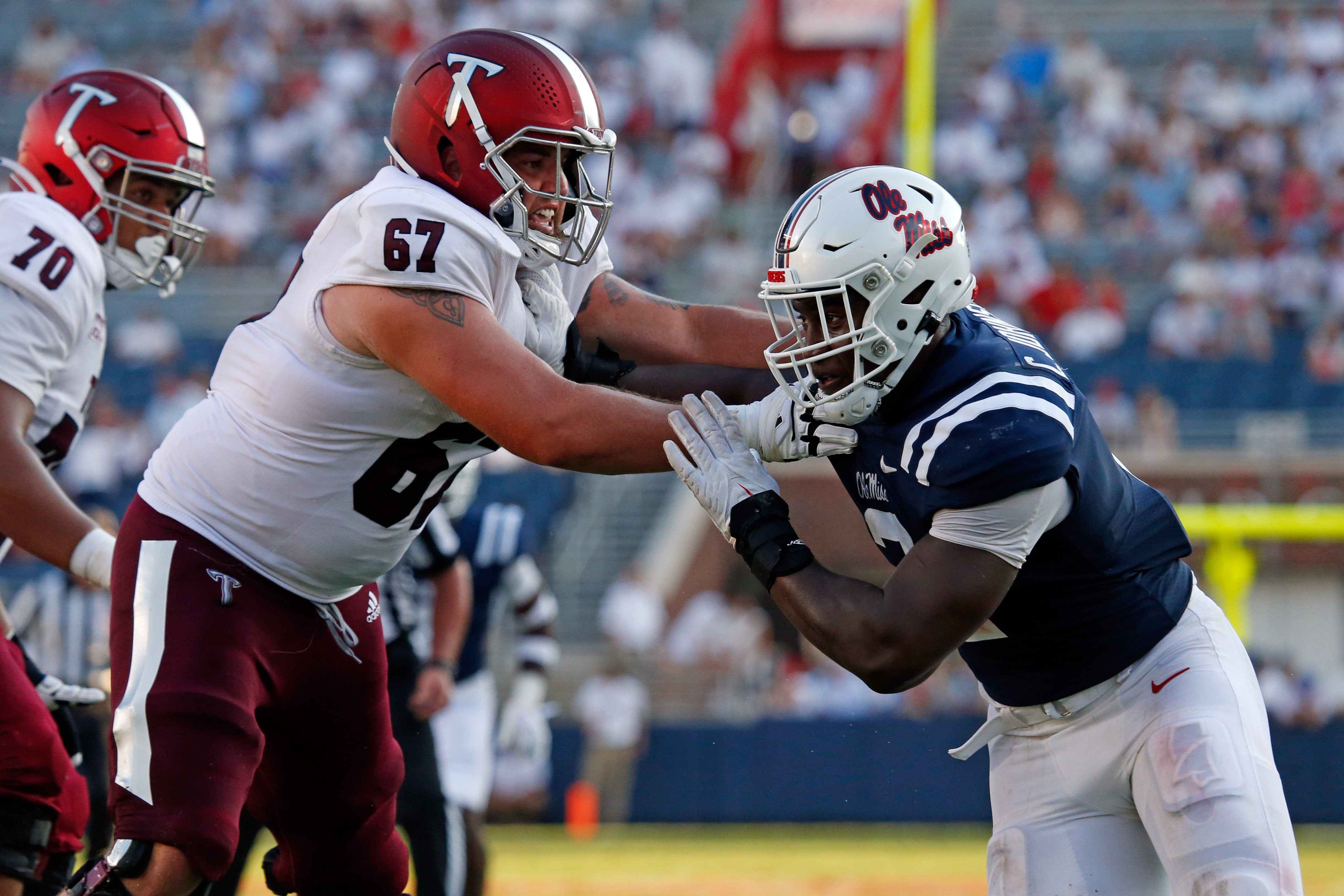 Sep 3, 2022; Oxford, Mississippi, USA; Troy Trojans offensive linemen Grant Betts (67) defends Mississippi Rebels defensive end Cedric Johnson (2) during the second half at Vaught-Hemingway Stadium. Mandatory Credit: Petre Thomas-USA TODAY Sports