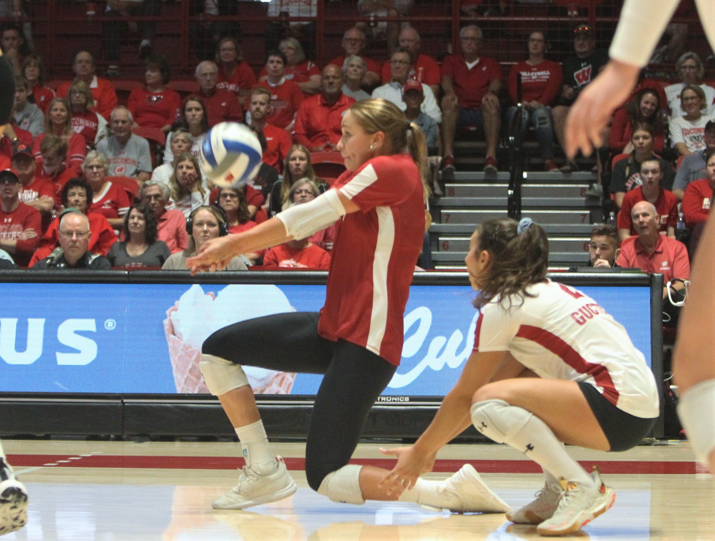 Wisconsin's Julia Orzol makes a pass during the team's match with Indiana at the UW Field House in Madison, Wis. on Sunday Sept. 24, 2023.