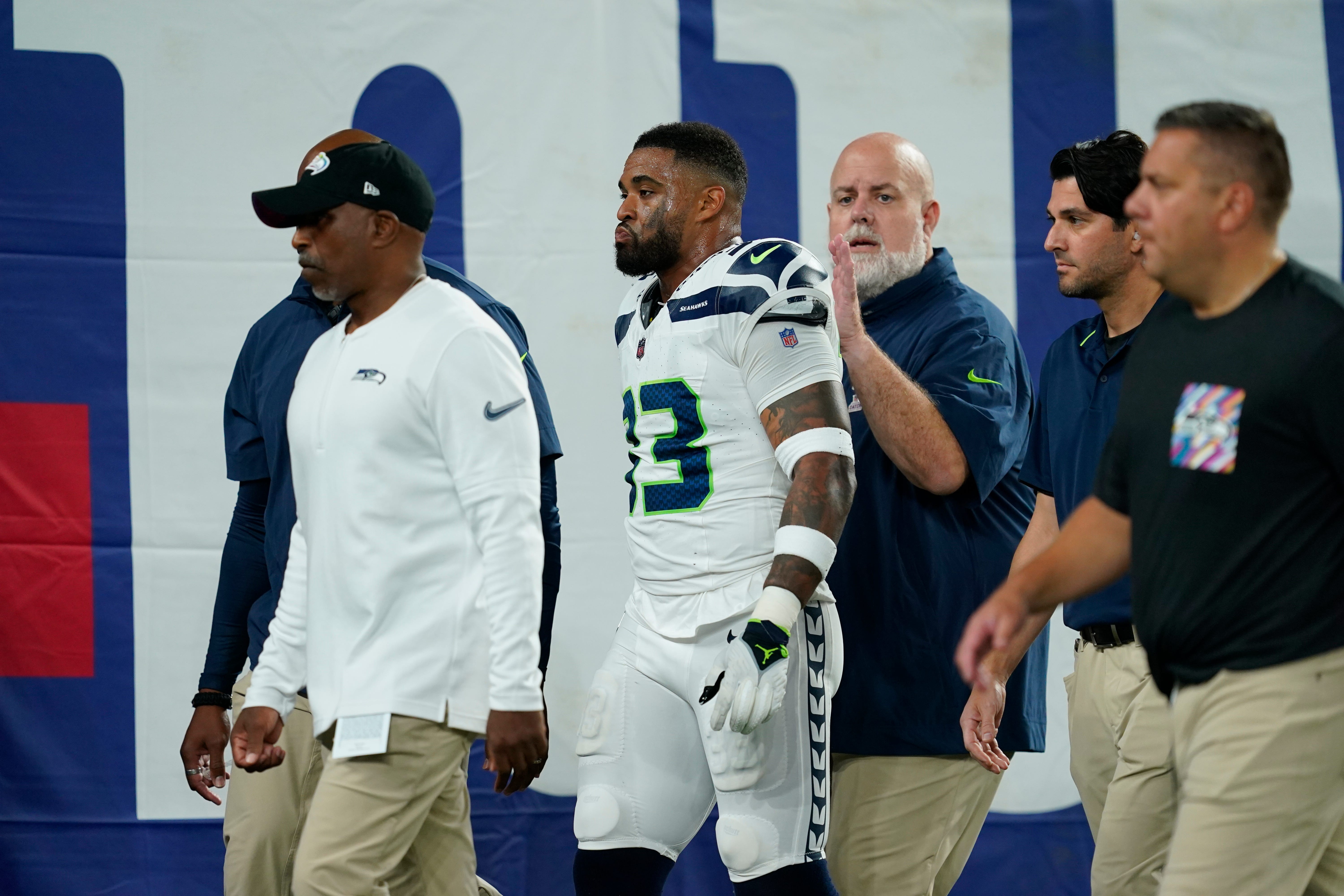 Seattle Seahawks strong safety Jamal Adams (33) watch a video replay during  an NFL football game against the Indianapolis Colts, Sunday, Sept. 12,  2021, in Indianapolis. (AP Photo/Zach Bolinger Stock Photo - Alamy