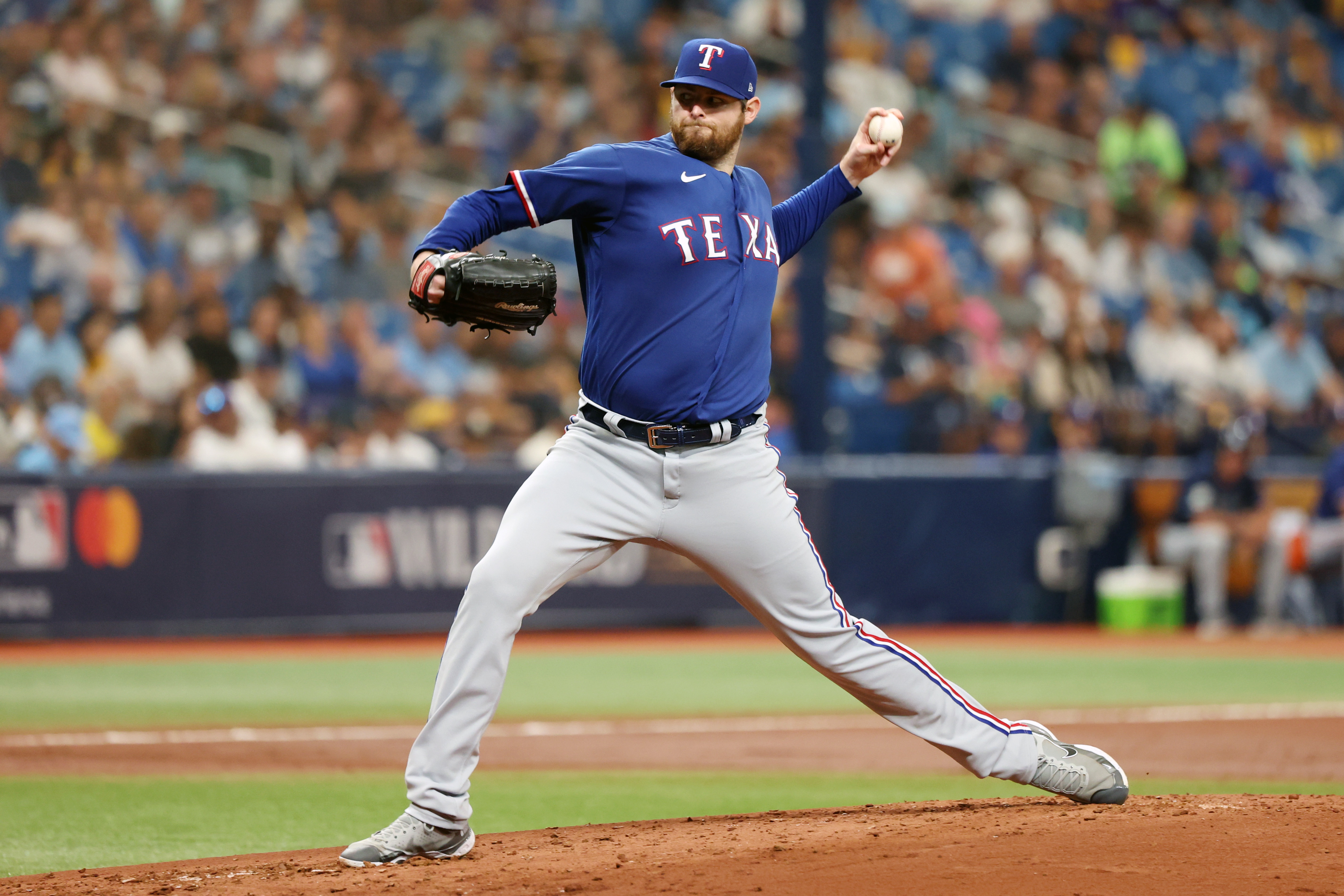 Texas Rangers left-handed pitcher Jordan Montgomery throws a pitch during their Game 1 Wild Card matchup against the Tampa Bay Rays at Tropicana Field Tuesday. The Rangers won 4-0.