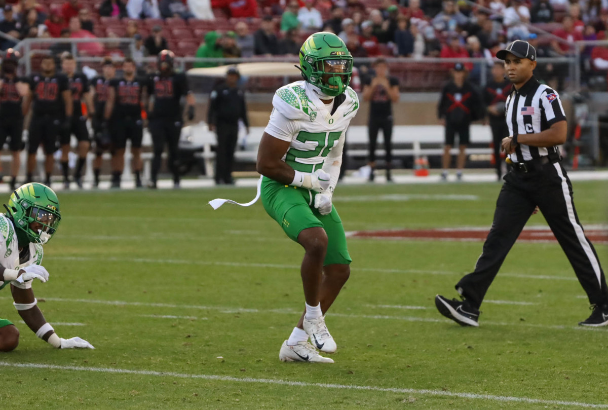 Oregon Ducks defensive back Nikko Reed celebrates after a play against Stanford.