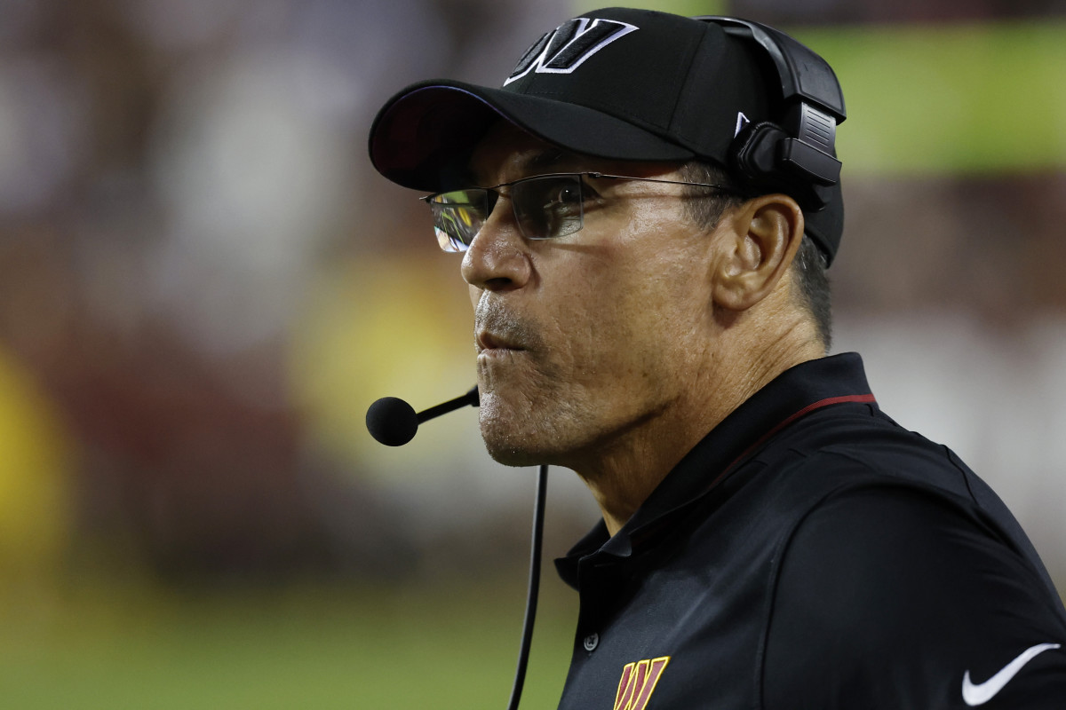 Washington Commanders head coach Ron Rivera looks on during their game against the Chicago Bears Thursday at FedExField.