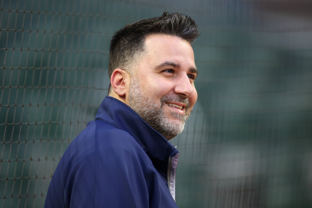 Oct 6, 2023; Atlanta, GA, USA; Atlanta Braves general manager Alex Anthopoulos watches a workout before the NLDS against the Philadelphia Phillies at Truist Park.