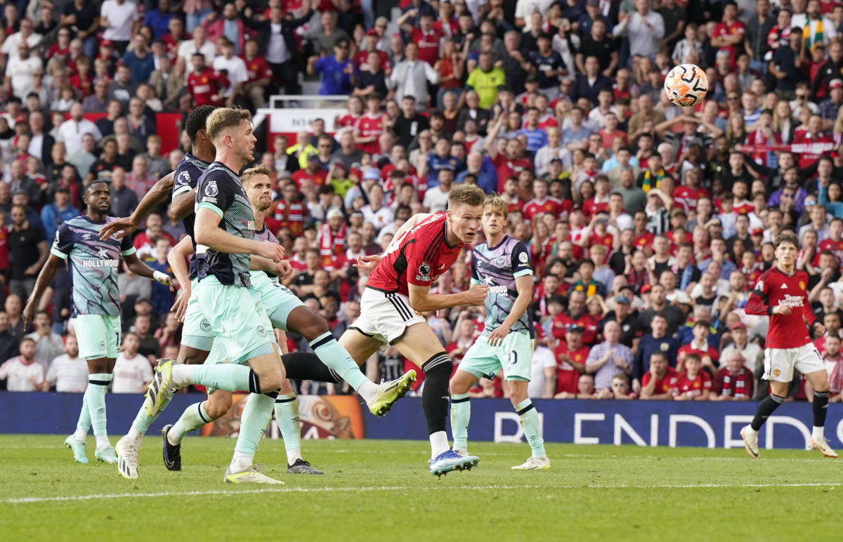 Scott McTominay pictured (center) moments after heading the ball to score a late winning goal for Manchester United in a 2-1 victory over Brentford in October 2023