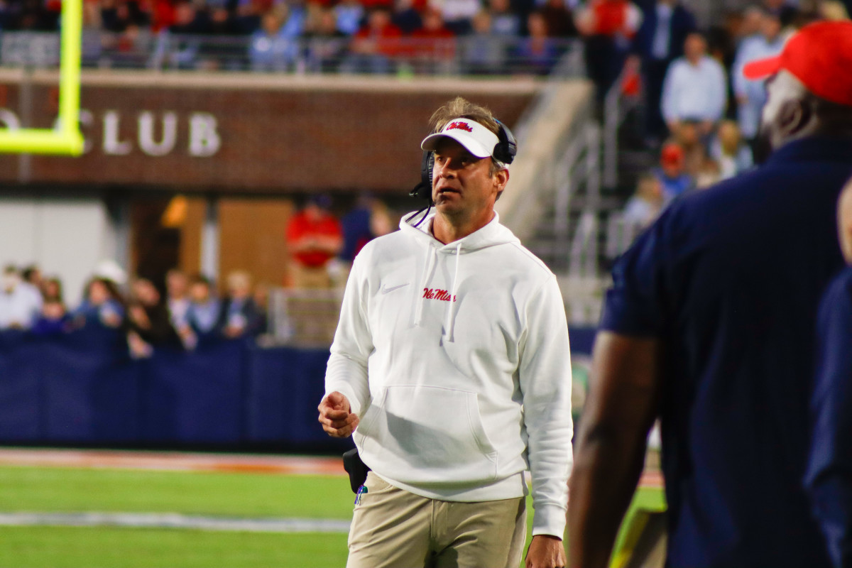 Ole Miss Rebels coach Lane Kiffin during home game versus Arkansas Razorbacks (2023).