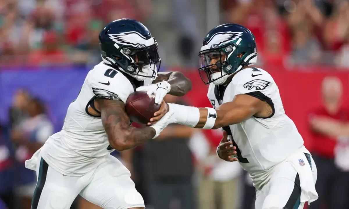 Philadelphia Eagles quarterback Jalen Hurts (1) reacts after a