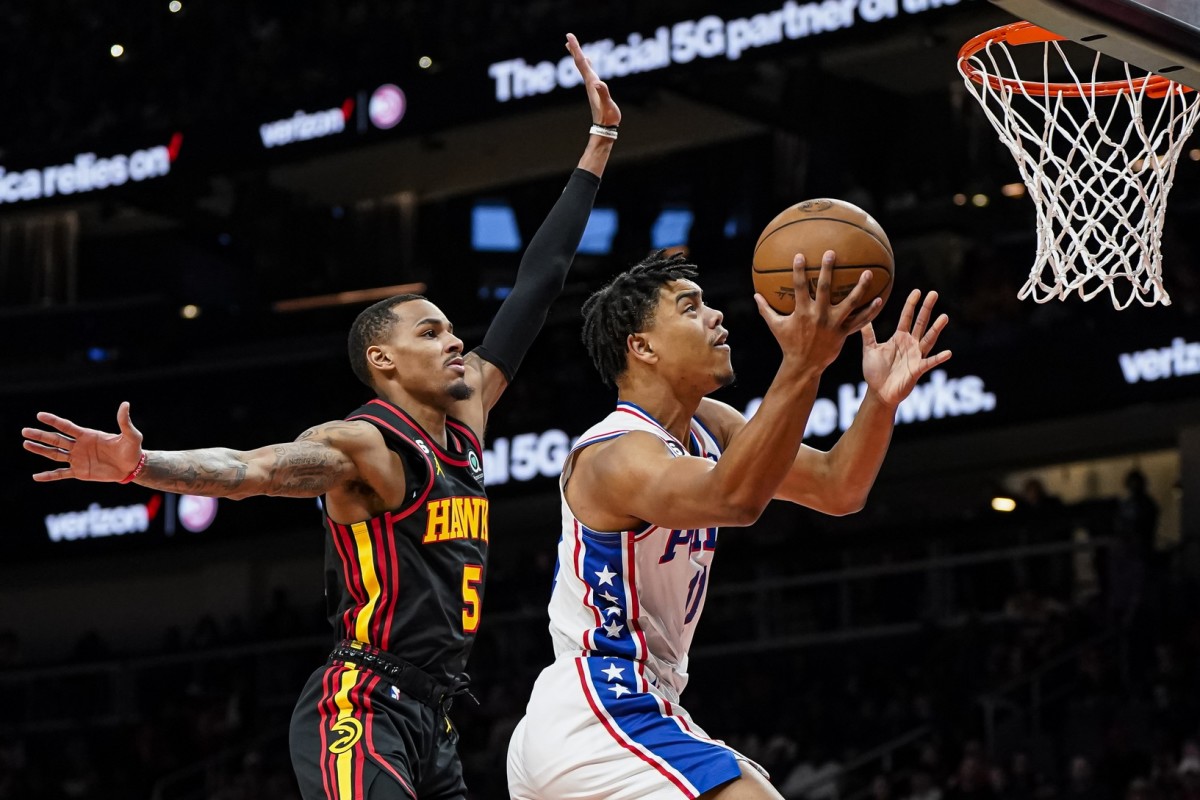 Sixers' former first-round pick Jaden Springer facing the Atlanta Hawks late in the 2022-2023 NBA season.