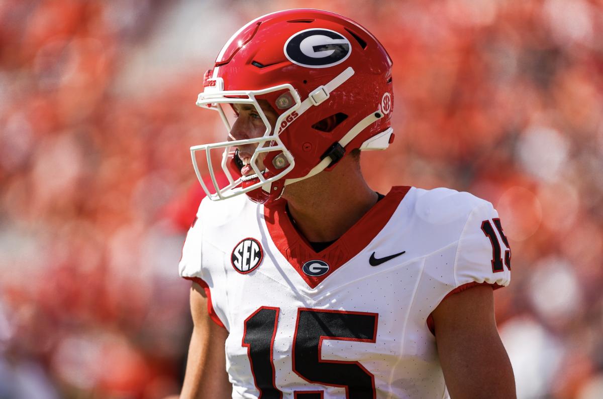 Georgia quarterback Carson Beck before Georgia’s game against Auburn on Pat Dye Field at Jordan-Hare Stadium in Auburn, Ala., on Saturday, Sept. 30, 2023. (Tony Walsh/UGAAA)