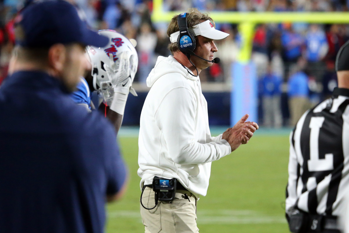 Ole Miss Rebels coach Lane Kiffin on the sidelines vs. the Arkansas Razorbacks in Week 6 (2023).