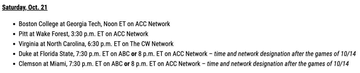 ACC announces kick times, TV networks for five Virginia Tech